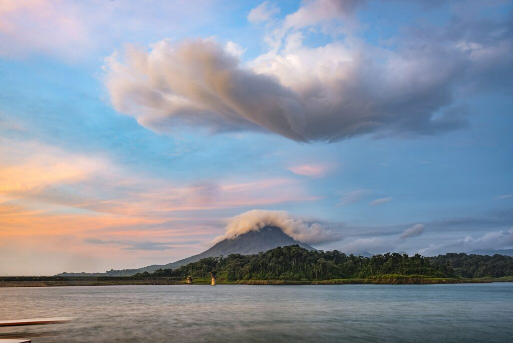 Arenal Volcano and Arenal Lake at sunset, near La Fortuna, Alajuela Province, Costa Rica